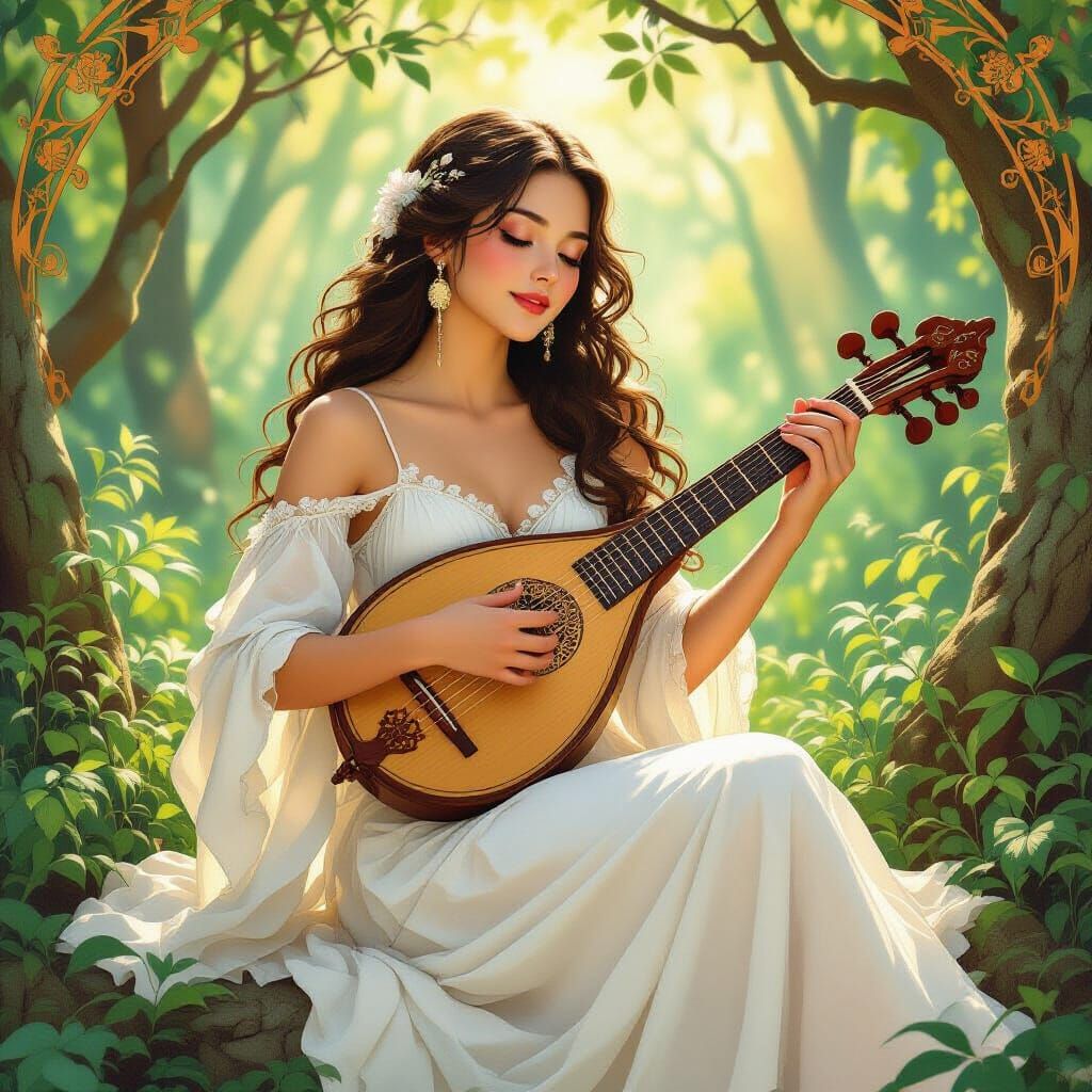Woman Playing Instrument in Forest: Art Nouveau Style