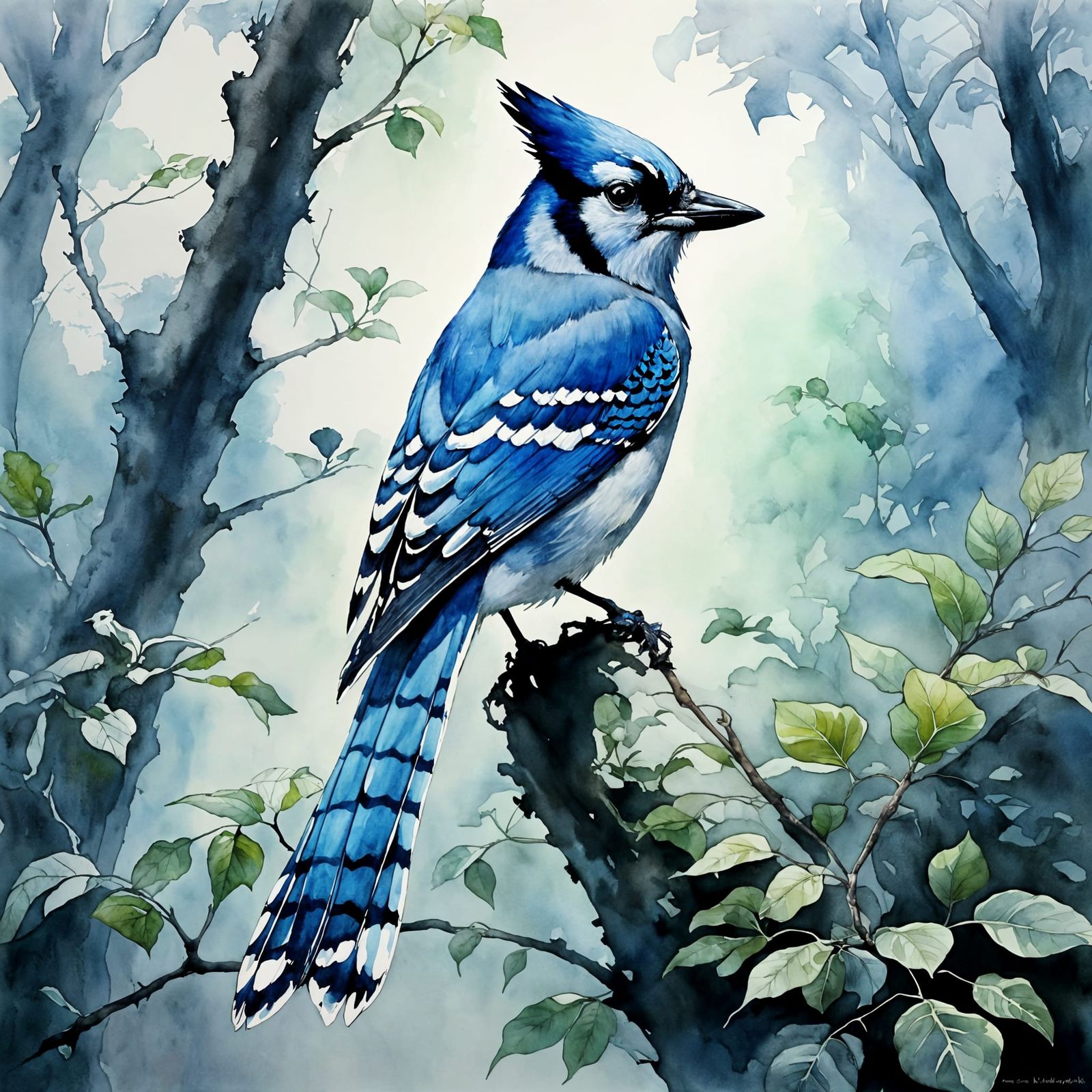 Whimsical Blue Jay in Enchanted Forest, in Watercolor Style