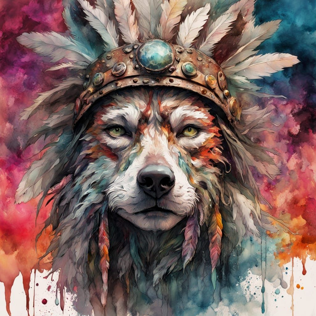 Native American Wolf Hybrid Warrior in Hyperrealistic Splend...