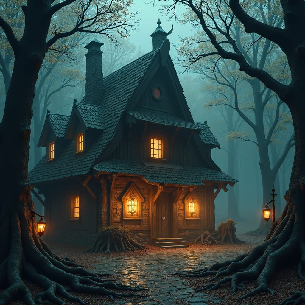Mystical Tavern in Germanic Forest with Glowing Arm