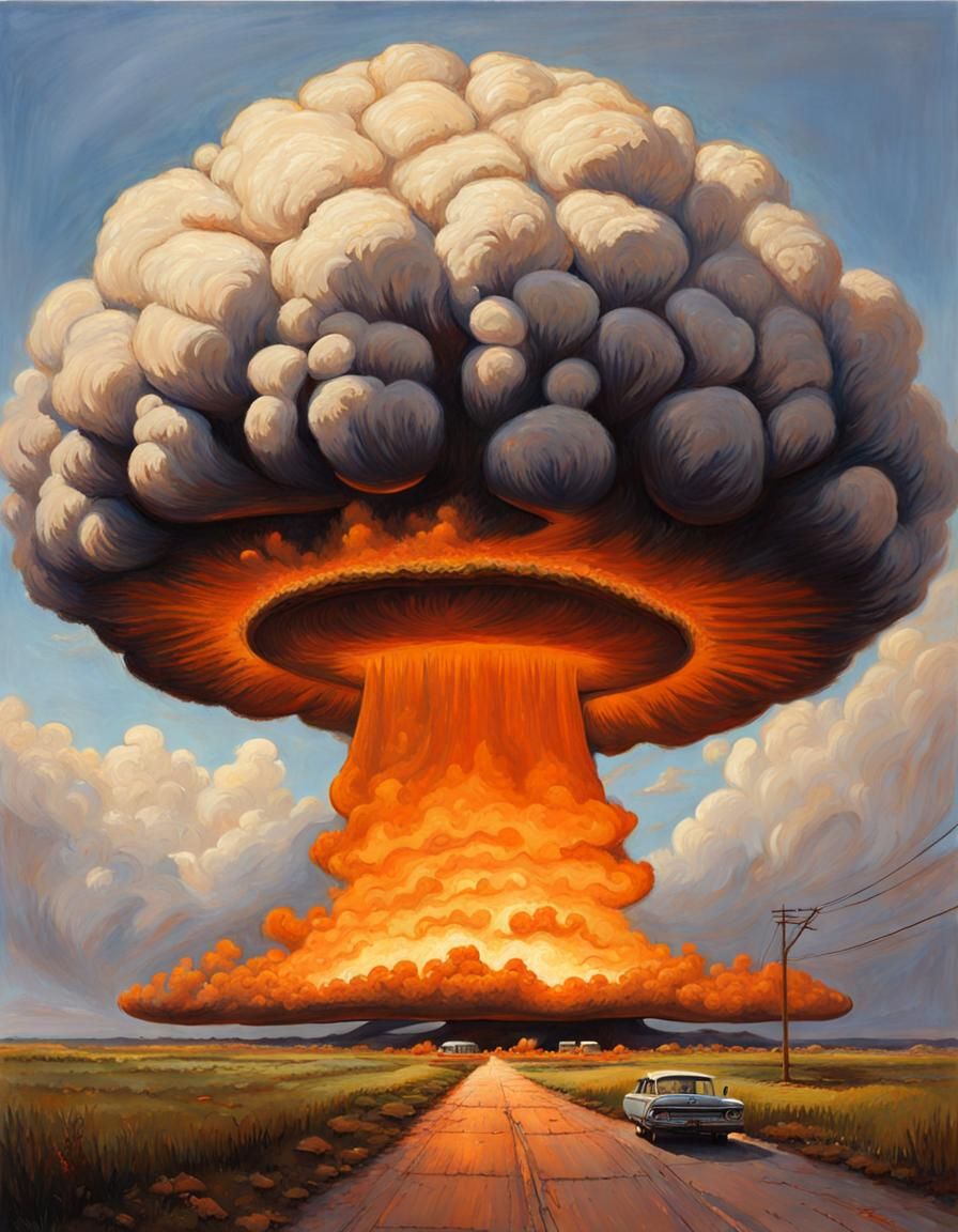Mushroom Cloud Oil Painting in Gurney Style