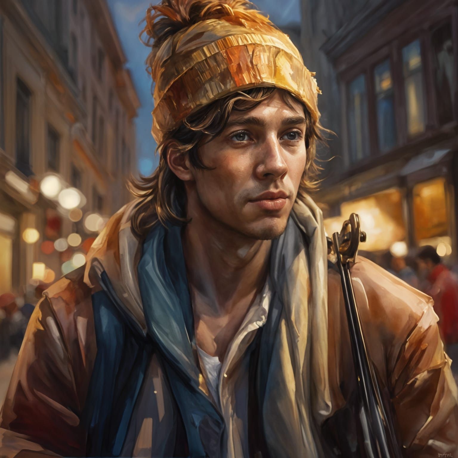 Handsome Busker Portrait in Watercolor Style