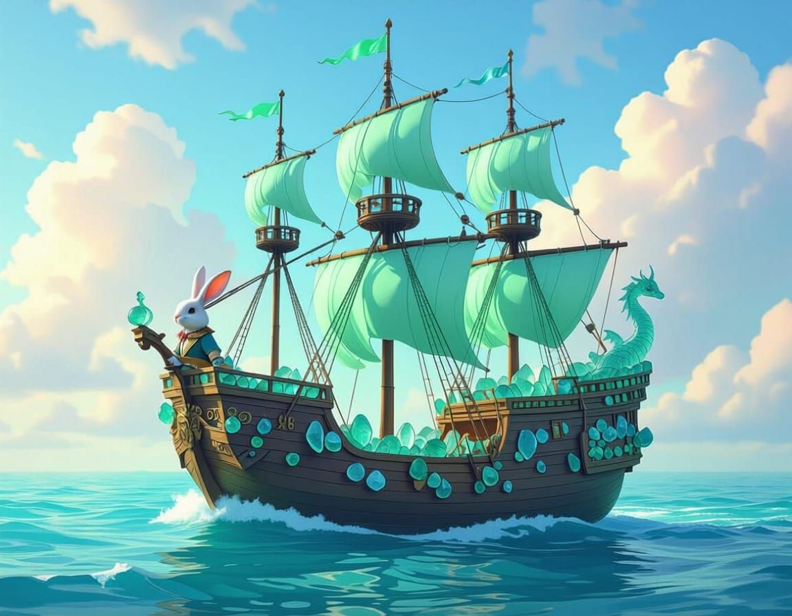 Sea Glass Galleon with Rabbit Captain