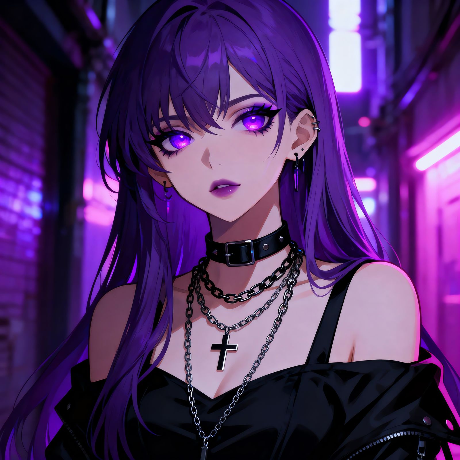 Anime Goth Girl in Cyberpunk Alley