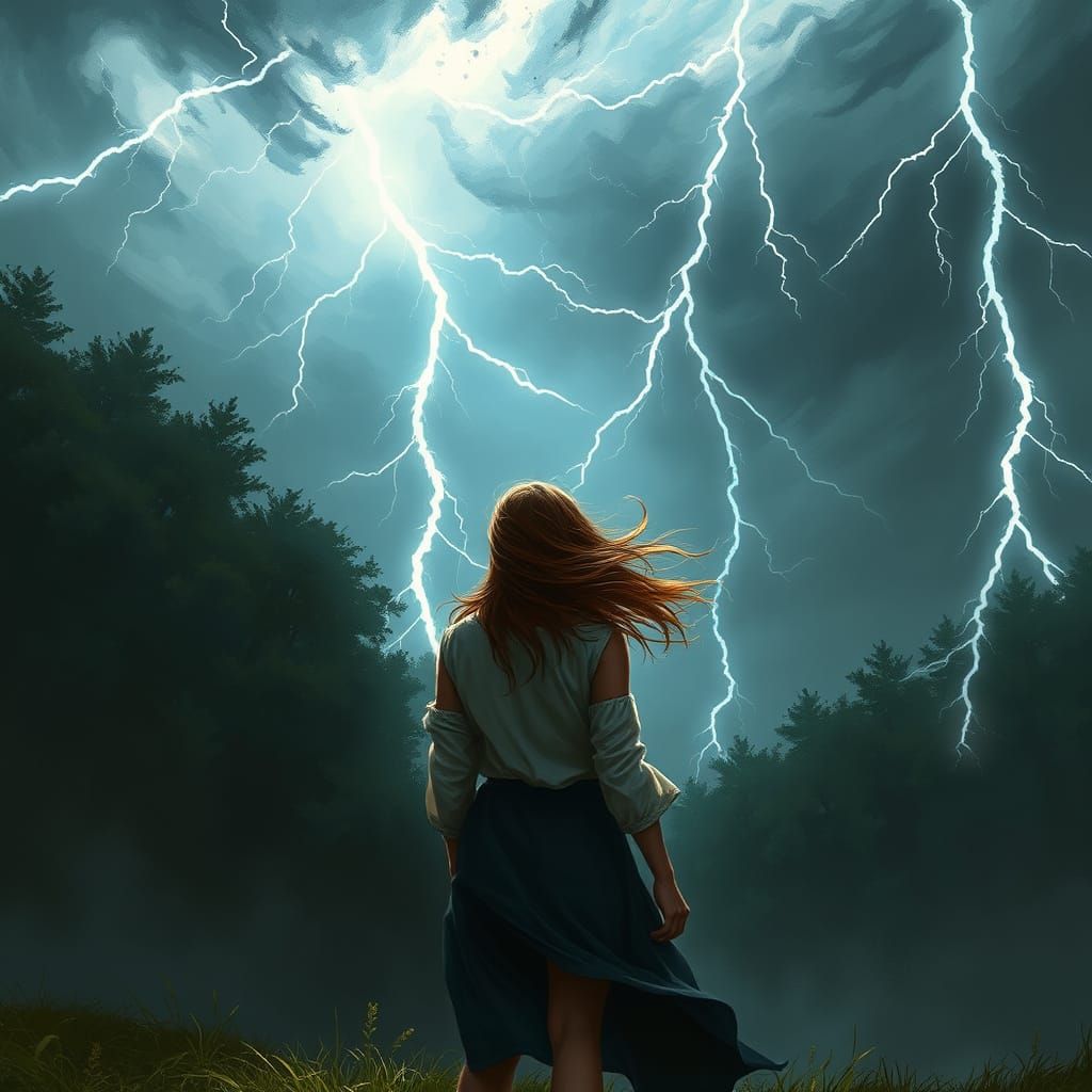 Woman Facing Tempest in Dark Forest, Dramatic Digital Painti...