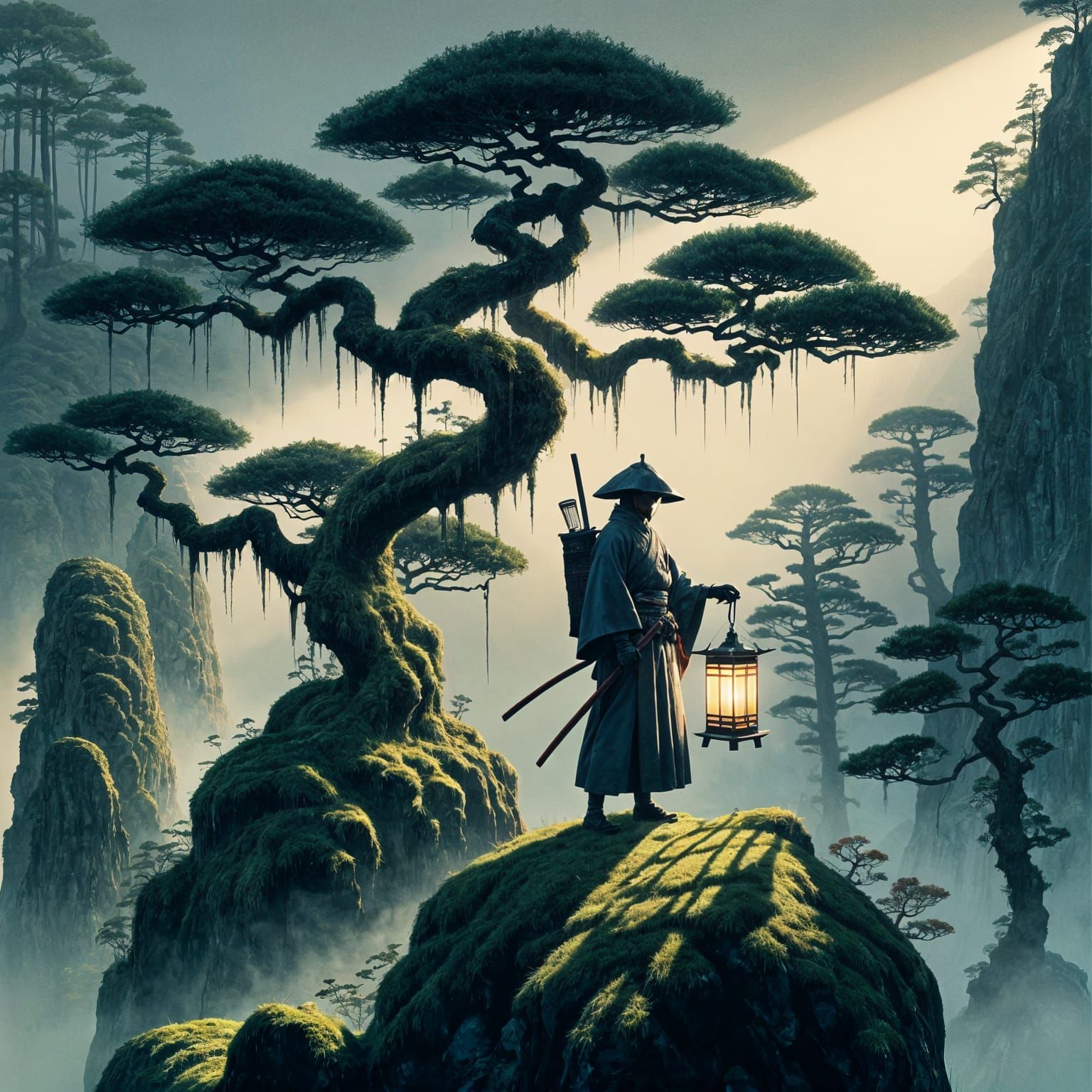 Samurai Lantern on Misty Peak: Ukiyo-e Style