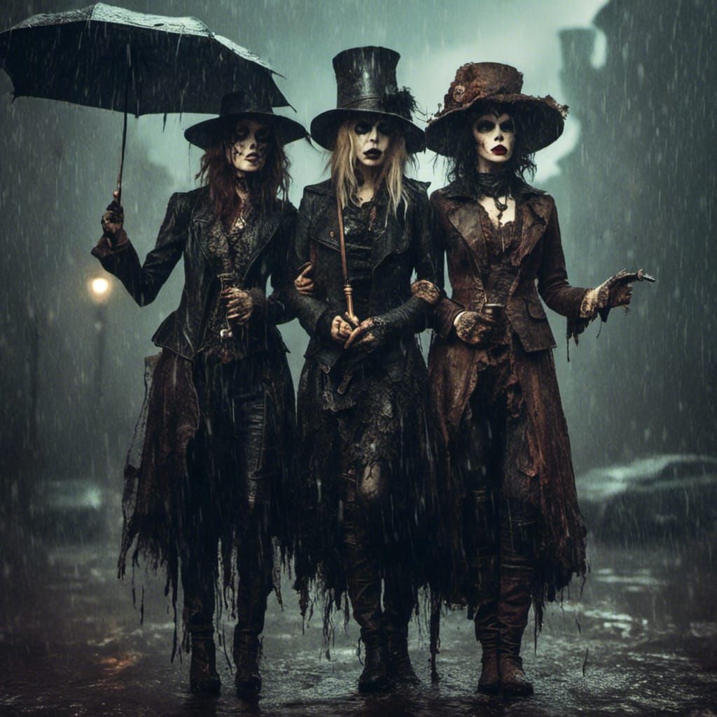Steampunk Goth Girls in Rain: Macabre Aesthetic
