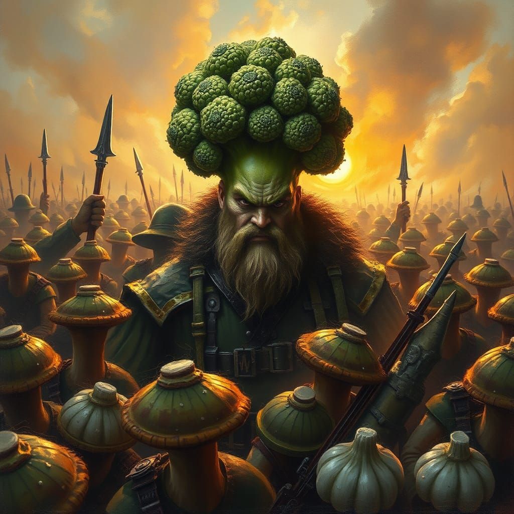 Broccoli Commander Leading Mushroom Soldiers: Oil Painting