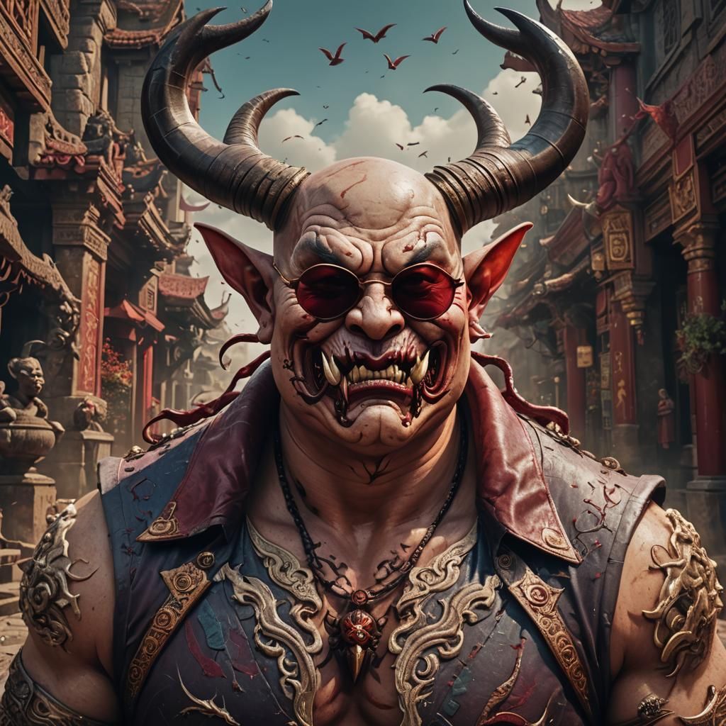 Chubby Asian Demon with Twisted Horns, Detailed Art