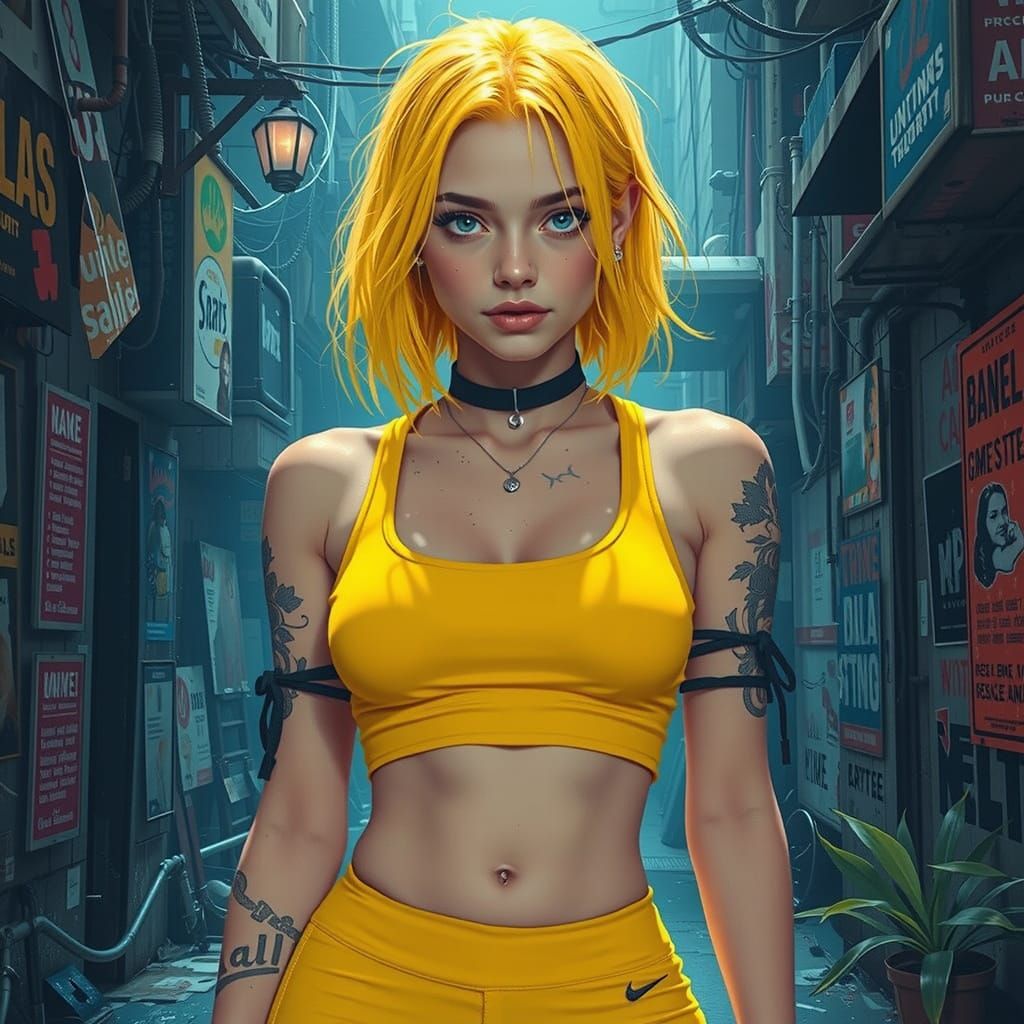 Sassy Emo Girl with Yellow Hair, Hyper-Realistic Photo