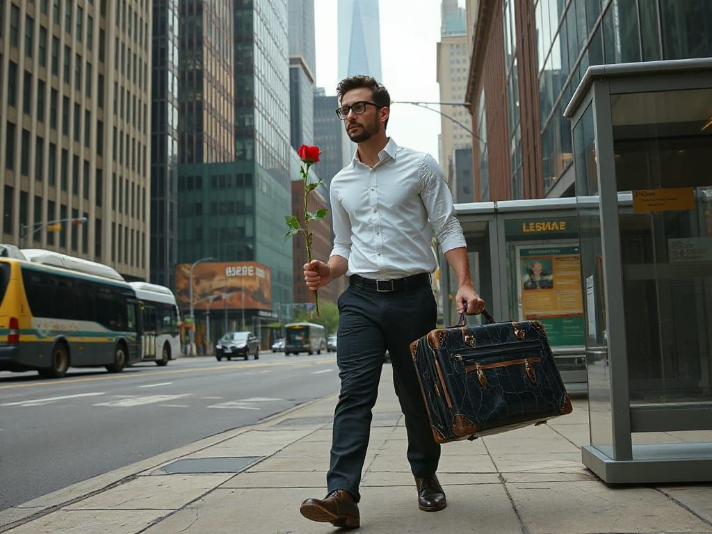 Man in Formal Attire Walks Towards Bus Stop with Wilted Rose