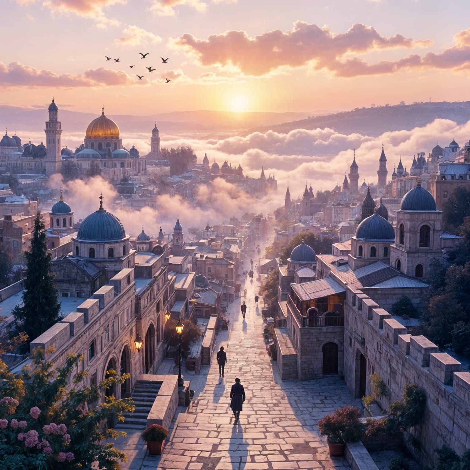 Ancient City Aerial View in Soft Pink Fog