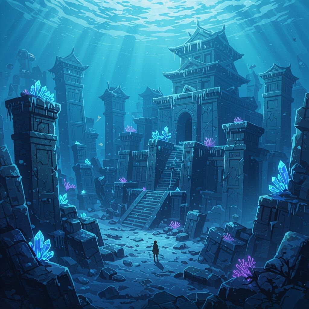 Lost Underwater City in Japanese Manga Style