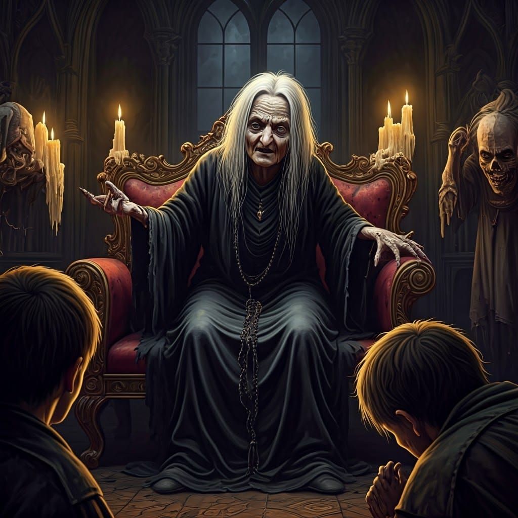 Ancient Crone Demands Servitude: Dark Fantasy Illustration