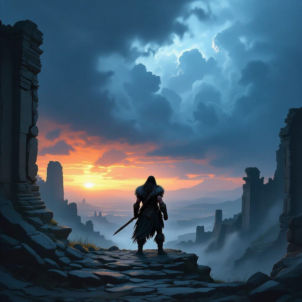 Barbarian Warrior at Ruin Precipice in Stormy Twilight