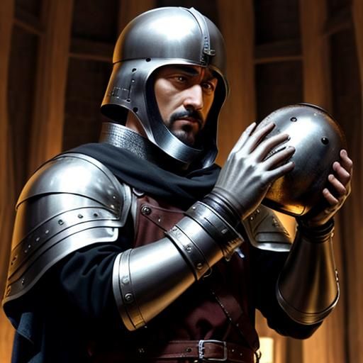Medieval Man Examines Knight's Helmet