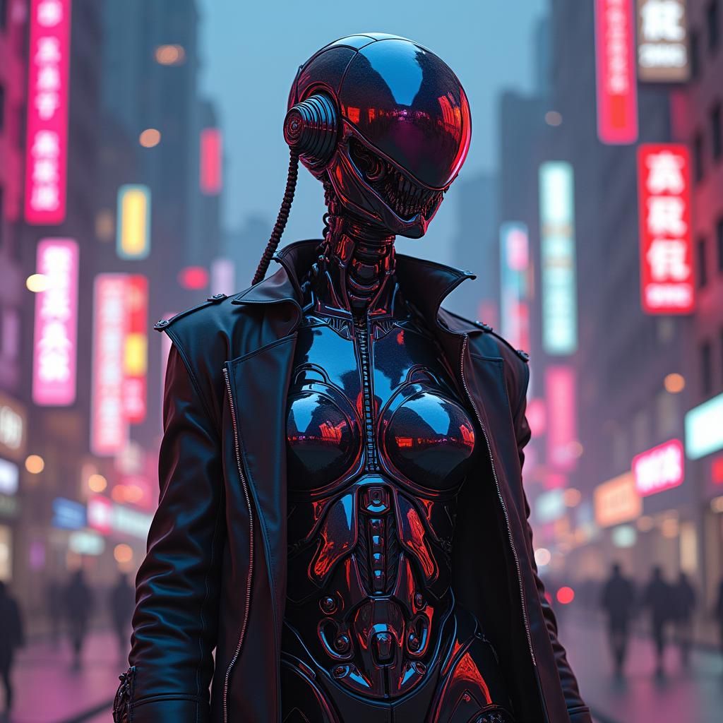 Cyberpunk Robot Woman in Futuristic Cityscape