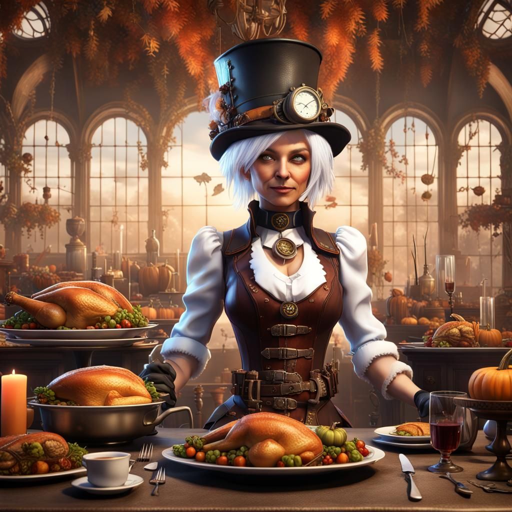 Steampunk Engineer's Thanksgiving Feast: Detailed Digital Ar...