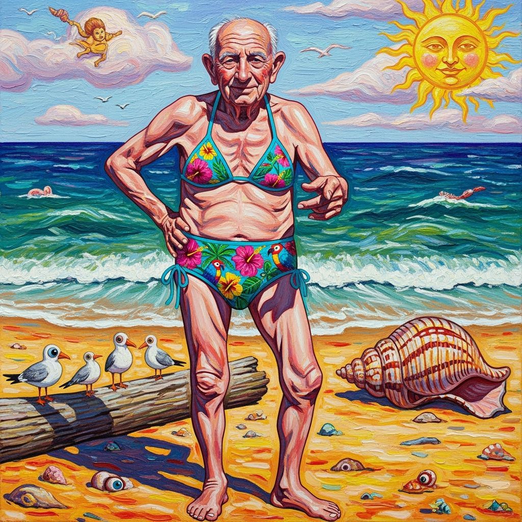 Elderly Man in Floral Bikini on Sunny Beach as Pop-Surrealis...