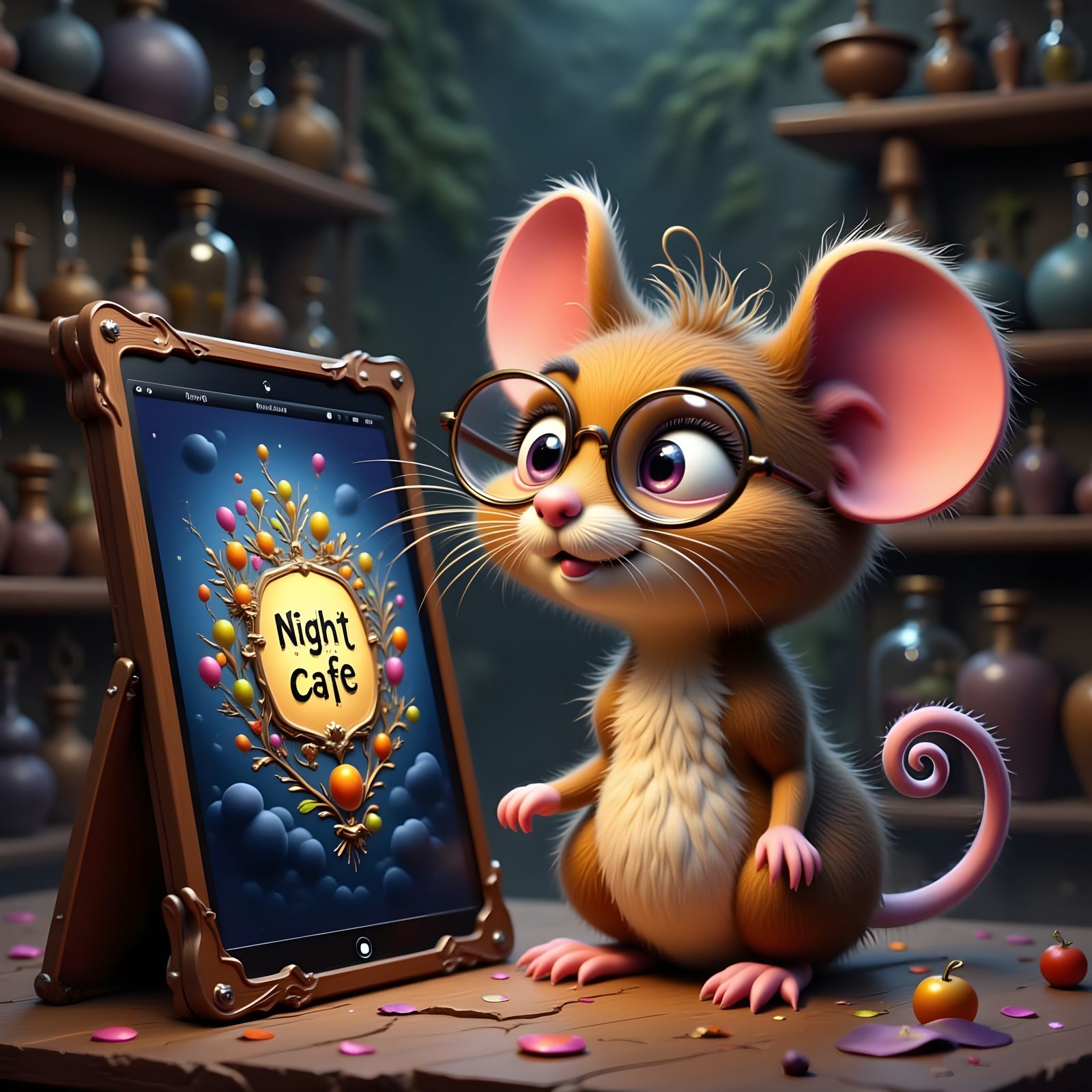 Cute Mouse with Glasses Uses iPad