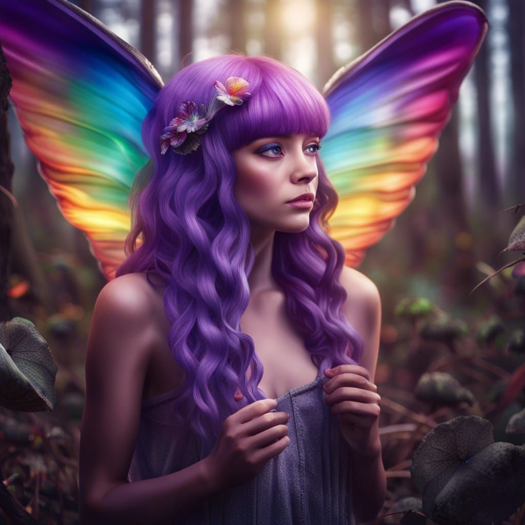 Beautiful Fairy with Opal Wings in Mushroom Field