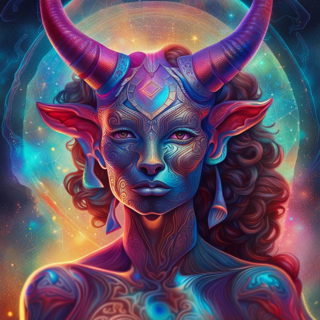 Astral Minotaur Woman in Holographic Mixed Media