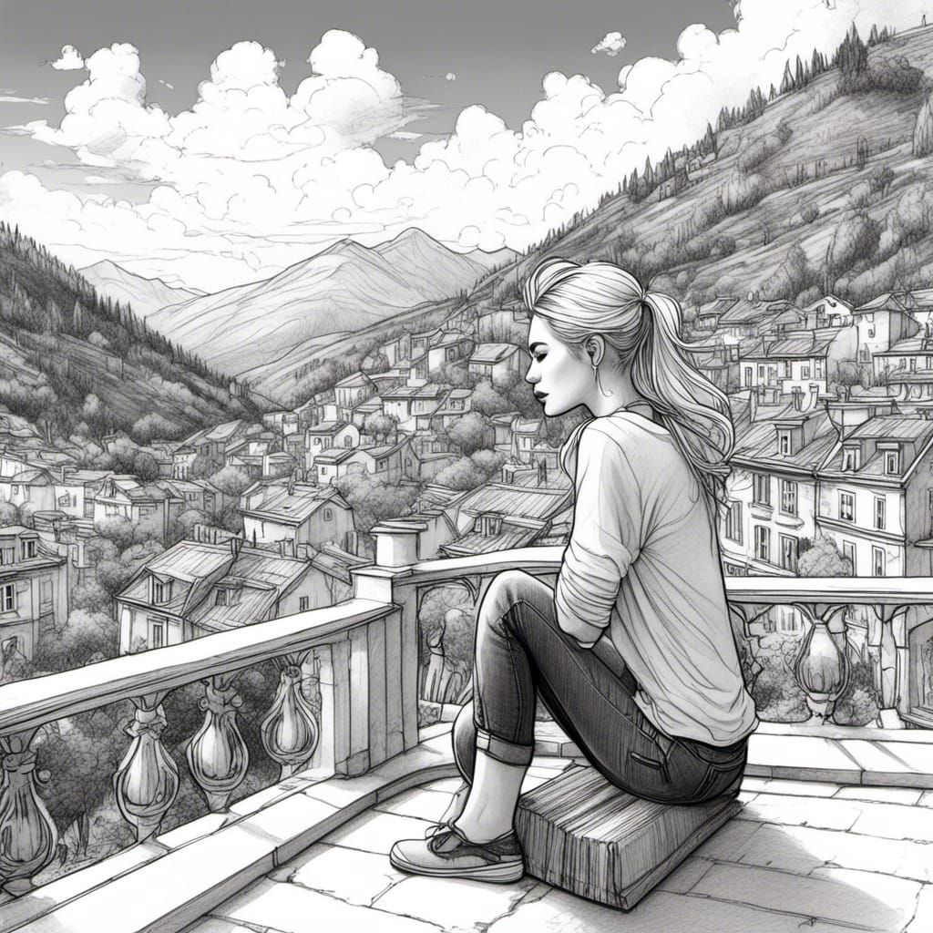 <lora:Pencil Sketch Art:1.0> Draw a pencil drawing a stunning woman sitting on the balcony overlooking the village. In t...