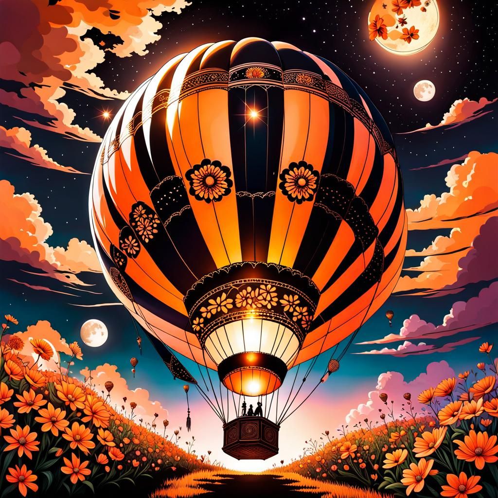 Floral Air Balloon in Dreamy Acidwave Sky