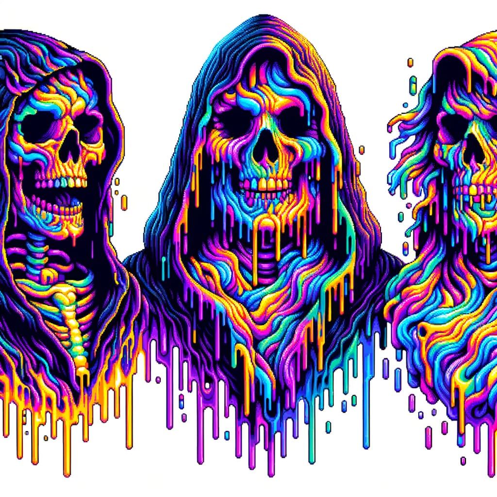 Grim Reaper in Vibrant, Melting Psychedelic Pixel Art