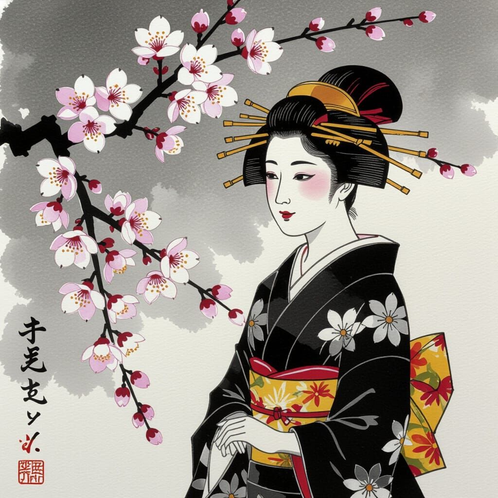 Yamato-e Painting of First Cherry Blossom