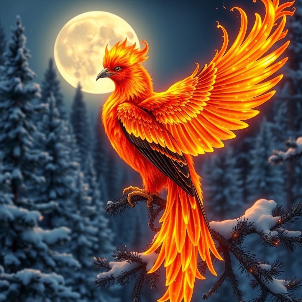 Neon Firebird on Spruce Branch in Winter Forest