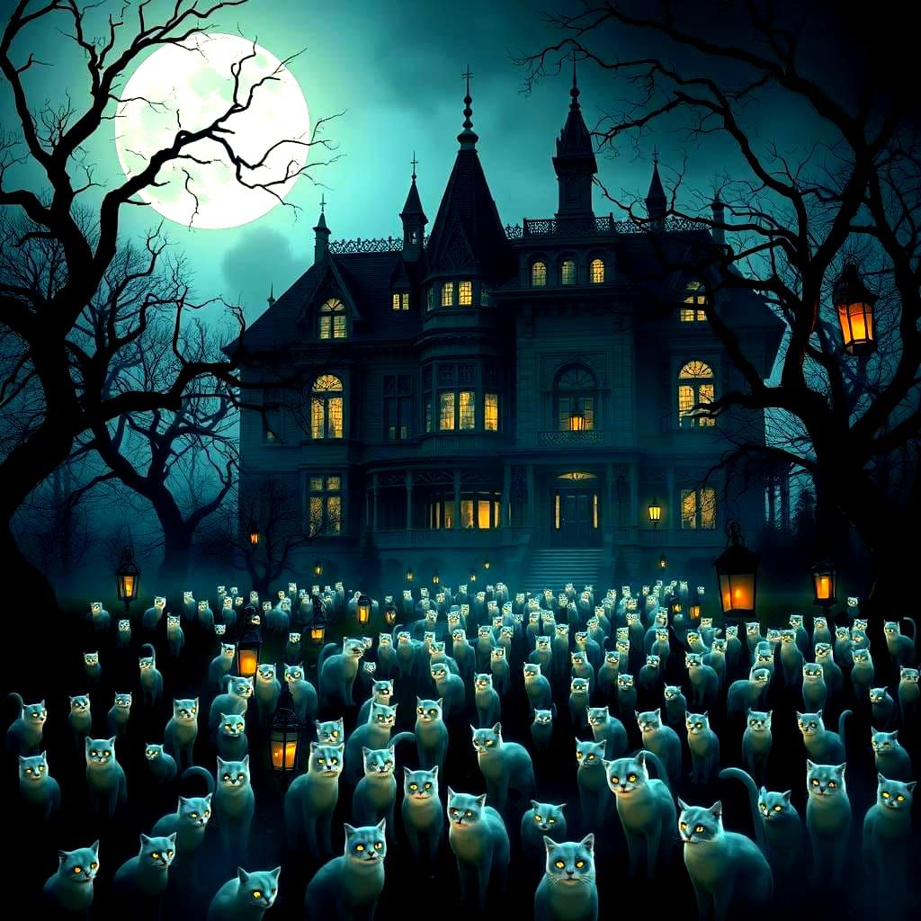 Haunted House with Ghost Cats: Detailed Matte Painting