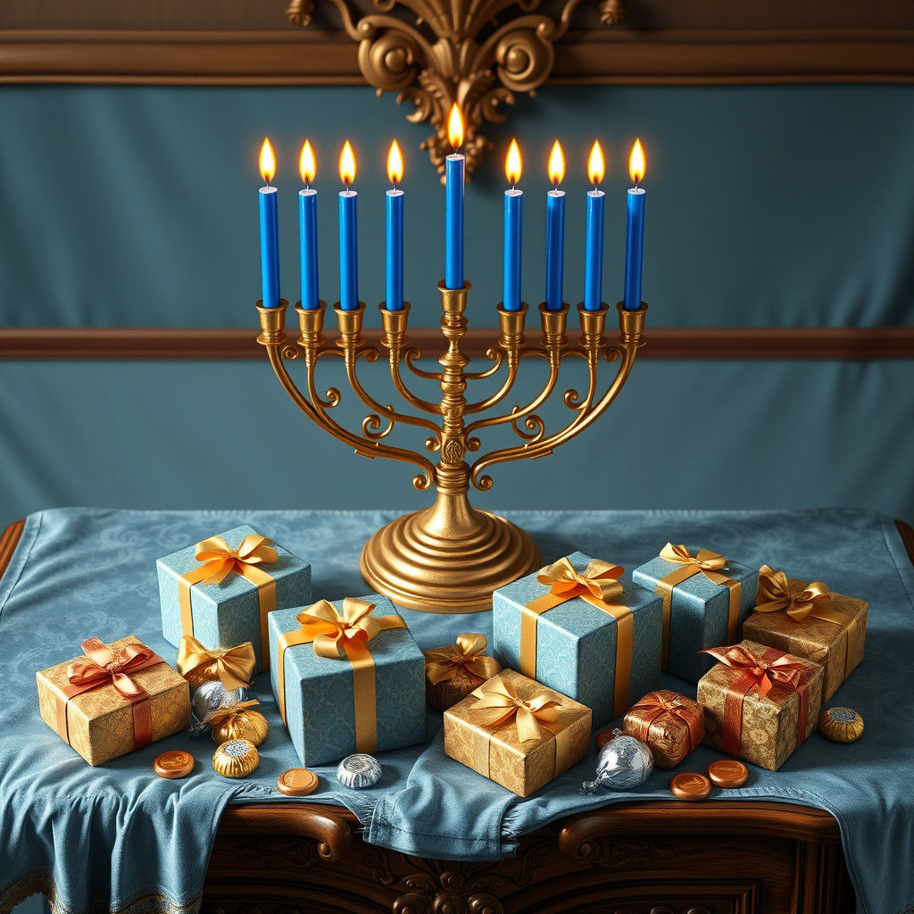 Golden Hanukkah Menorah with Blue Candles