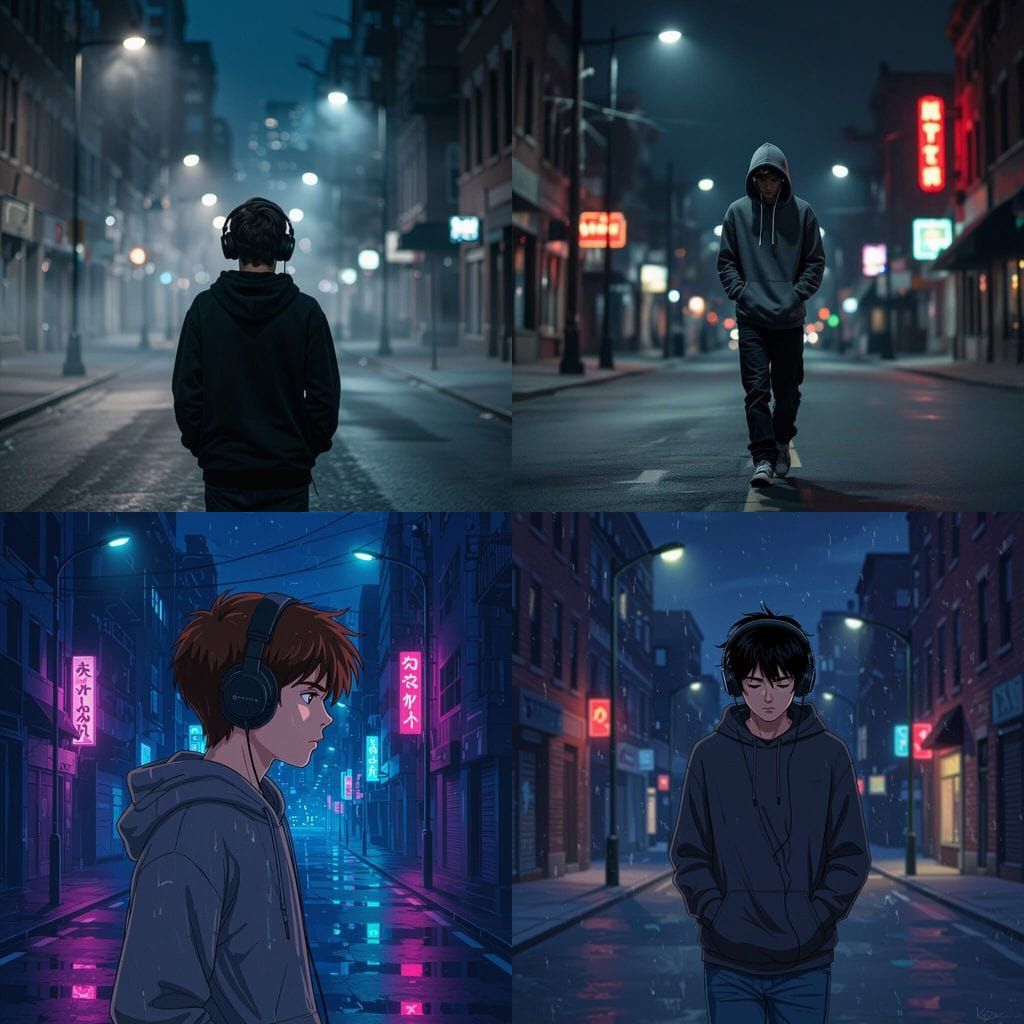 Teenager Walks at Night Wearing Hoodie and Headphones