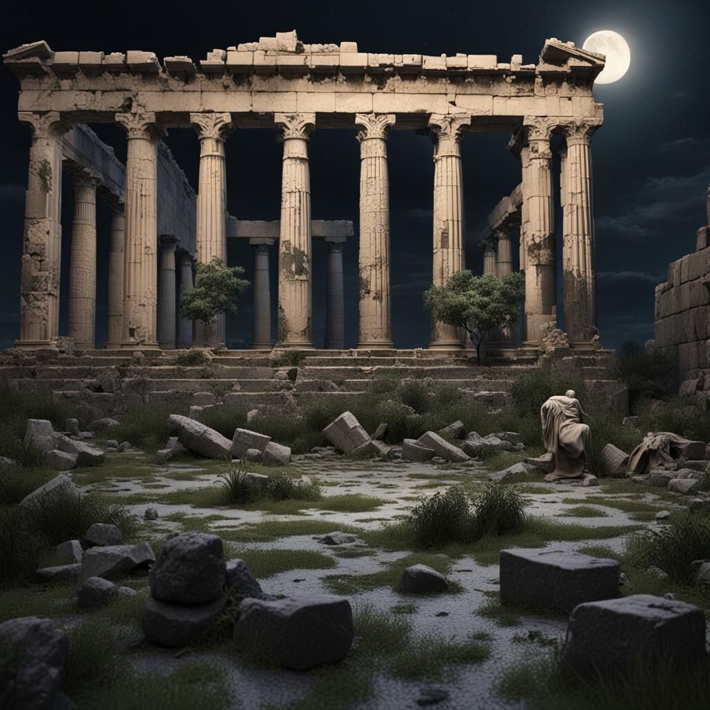 Ruined Acropolis at Night in Photorealistic Style