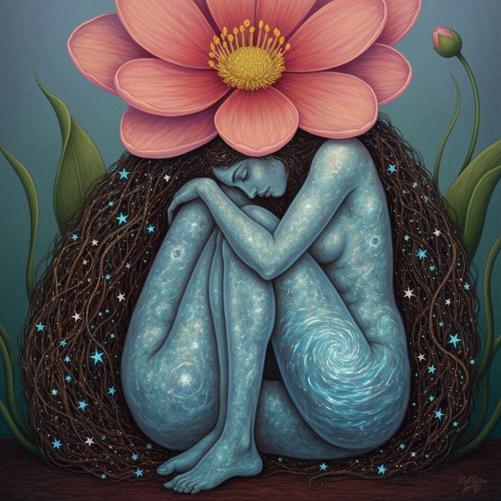 Ethereal Woman Under Vibrant Flower With Star Hair