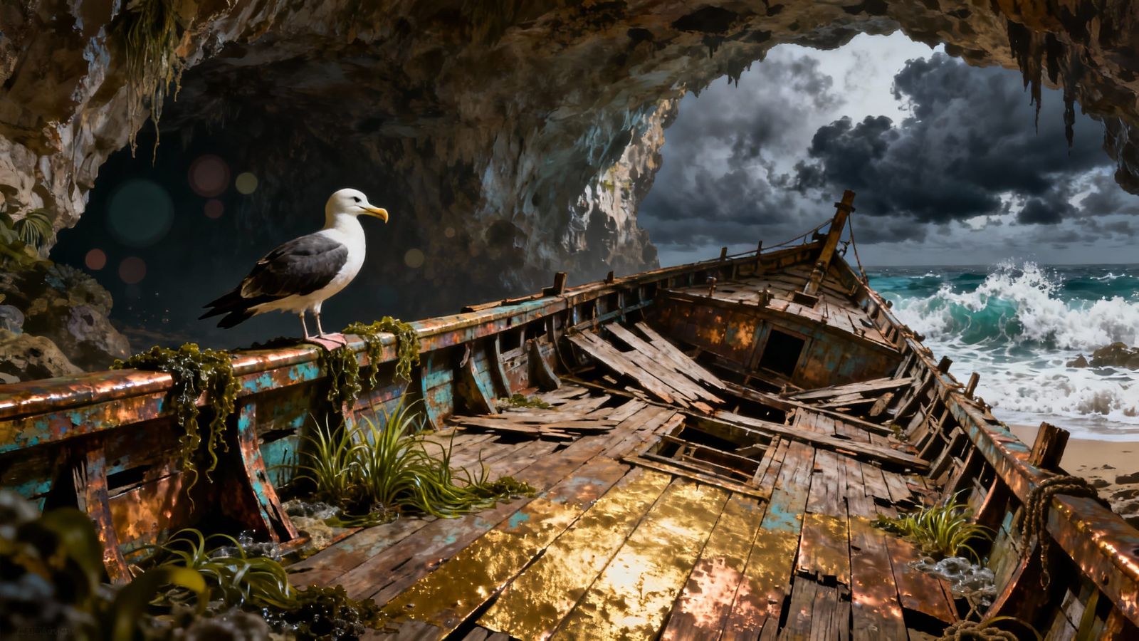Ancient Shipwreck in Oasis Cave with Albatross