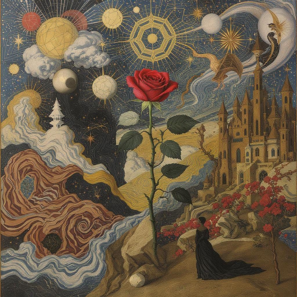 Red Rose in Surreal Landscape as Medieval Art