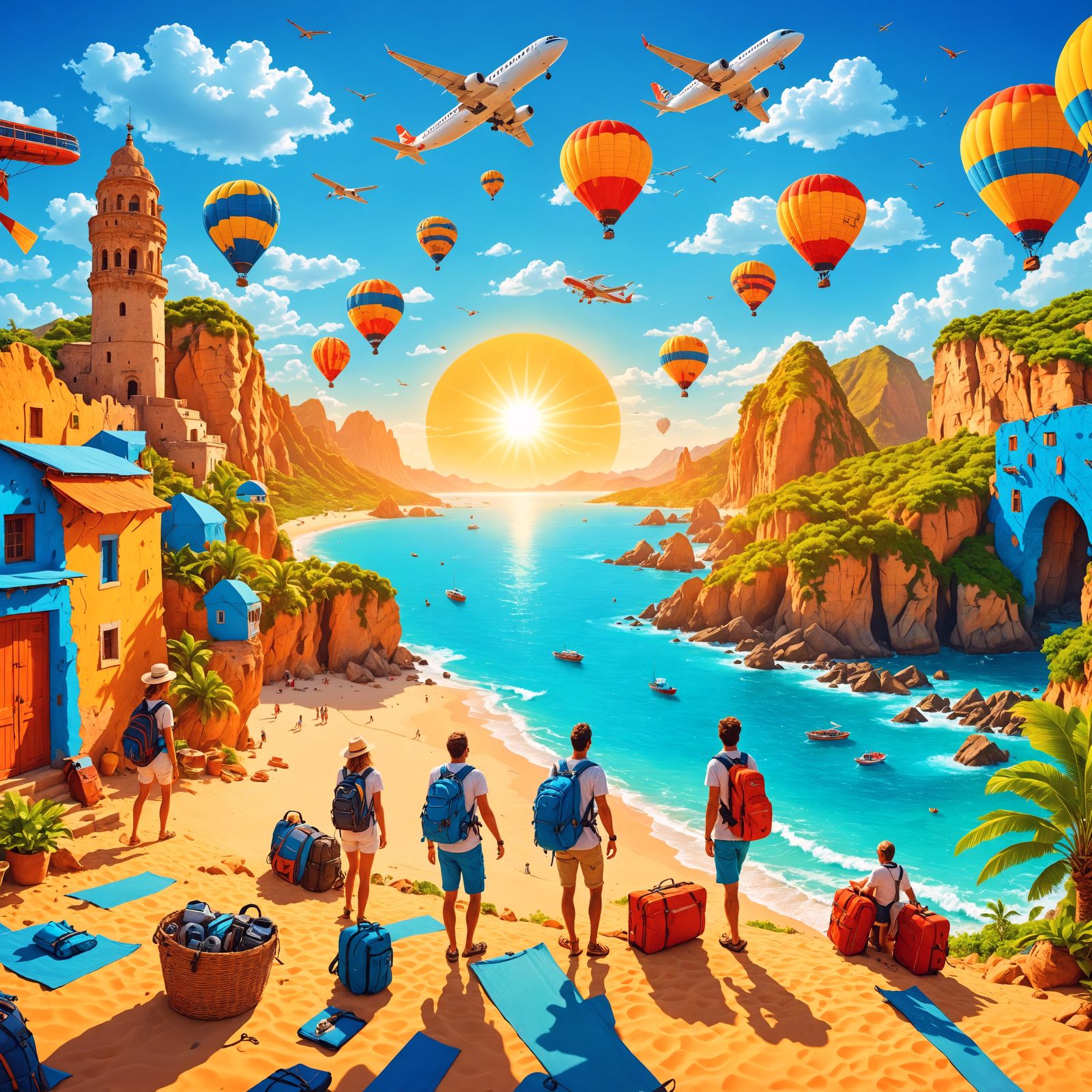 Vibrant Travel Scene with Azure Skies and Cheerful People