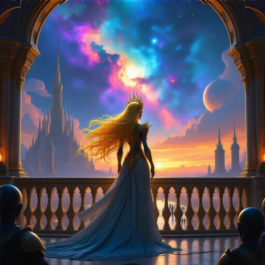 Epic Alien Queen on Balcony in Fantasy Style