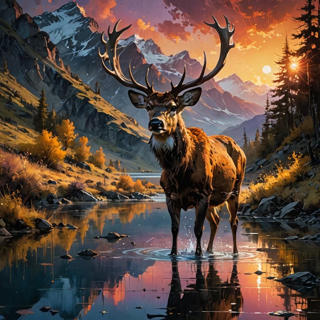 Deer at Sunset: Detailed Matte Painting