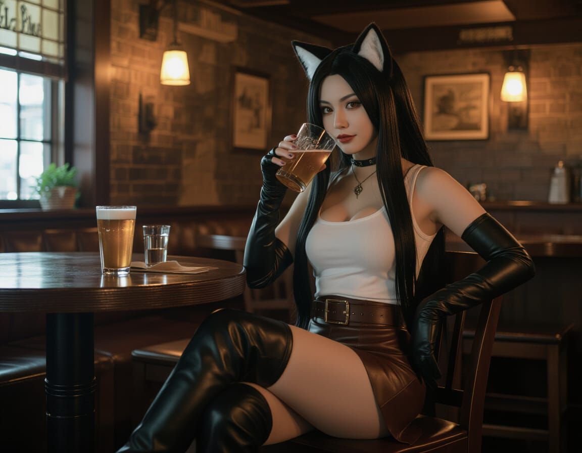 Kitsune Cat Girl Enjoys Tavern Drink Cinematic Film Still