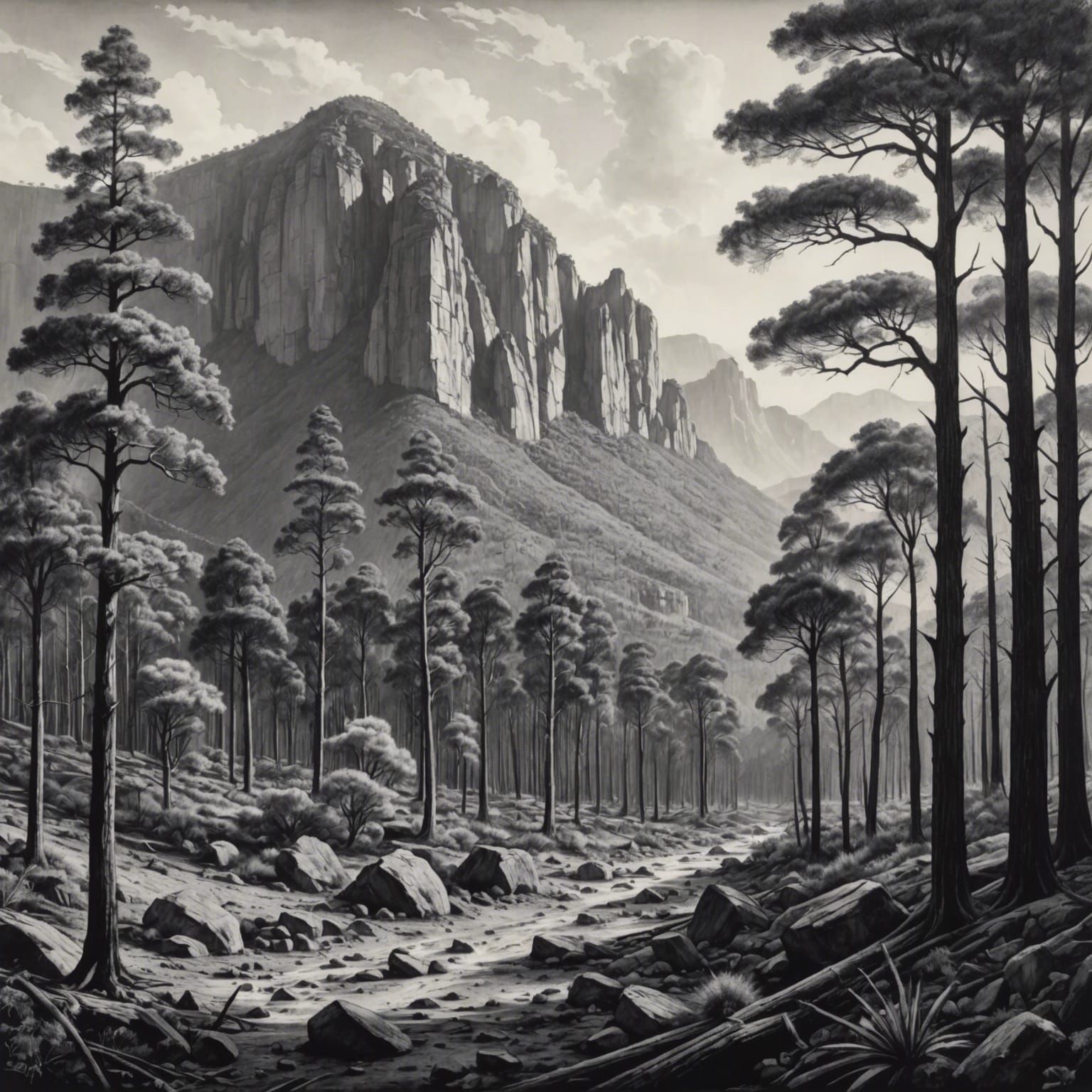 Araucaria Forest: Hyperdetailed Charcoal Mountain Drawing