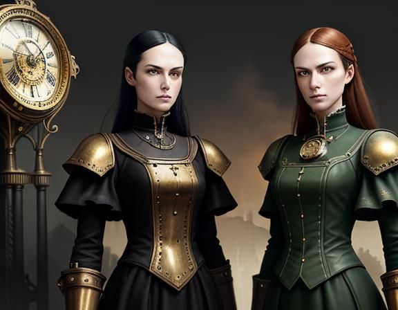 Steampunk Twins in Time Machine: Dark Fantasy Art