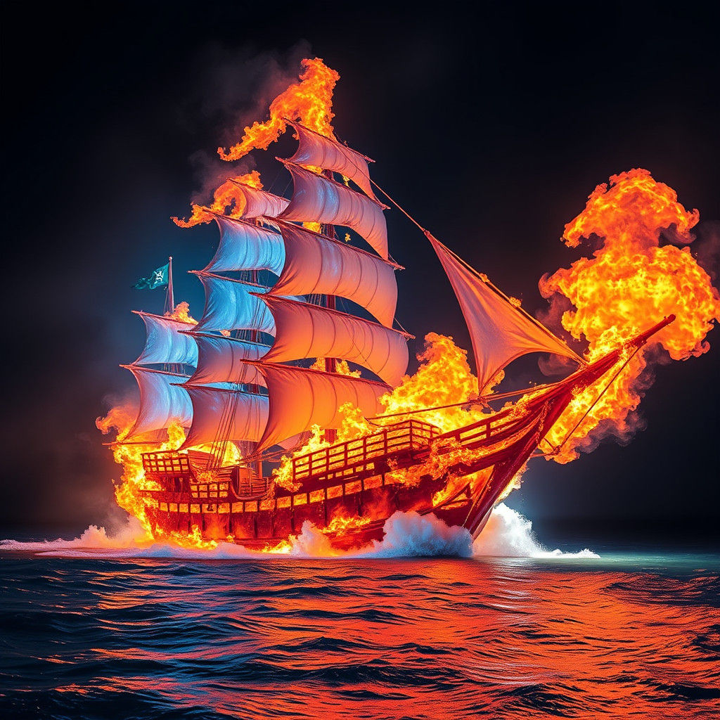 Plasma Pirate Ship Sailing a Fiery Caribbean Sea