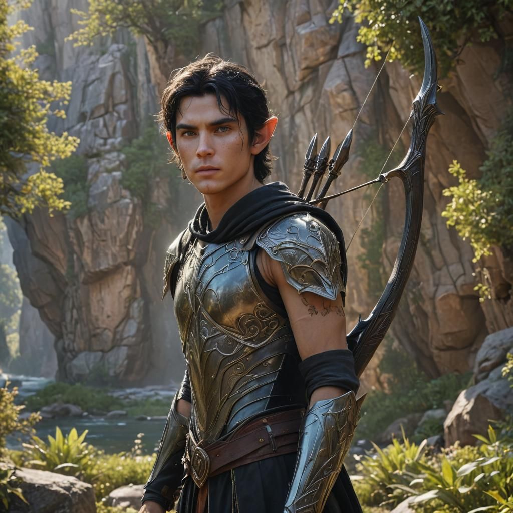 Elven boy Zion Demox with black quivers at the back, sunny b...