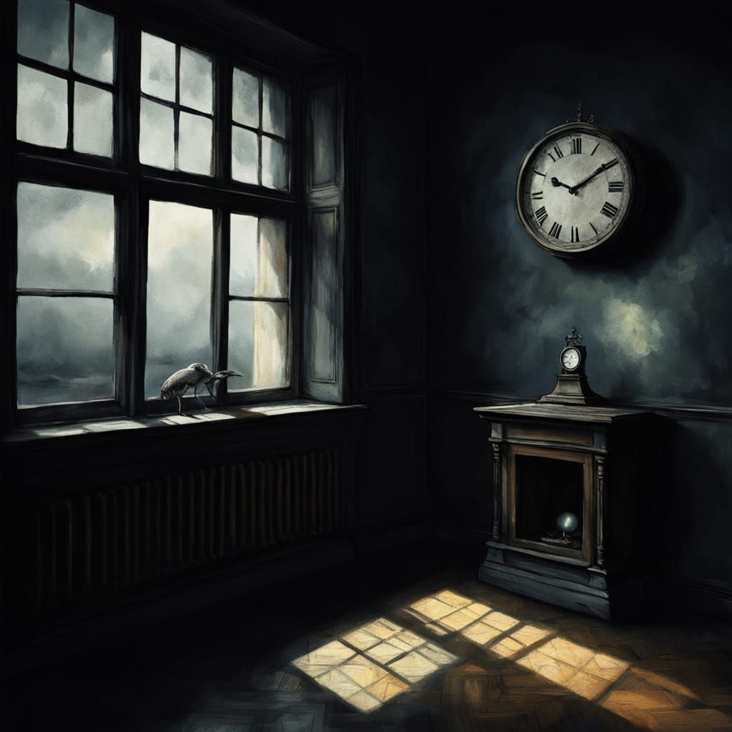 Sentient Clock Contemplates Void in Eerie Oil Painting