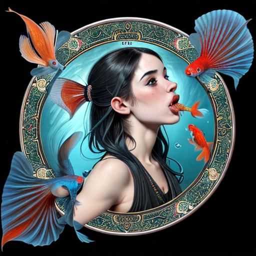 Fish Witch Vomiting Koi Fish in Photorealistic Style