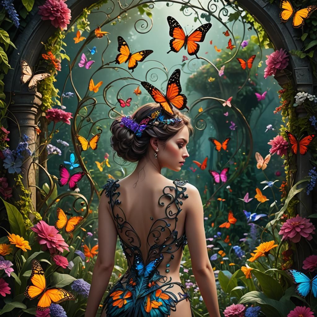 Woman in Ethereal Garden with Crystalline Spiral