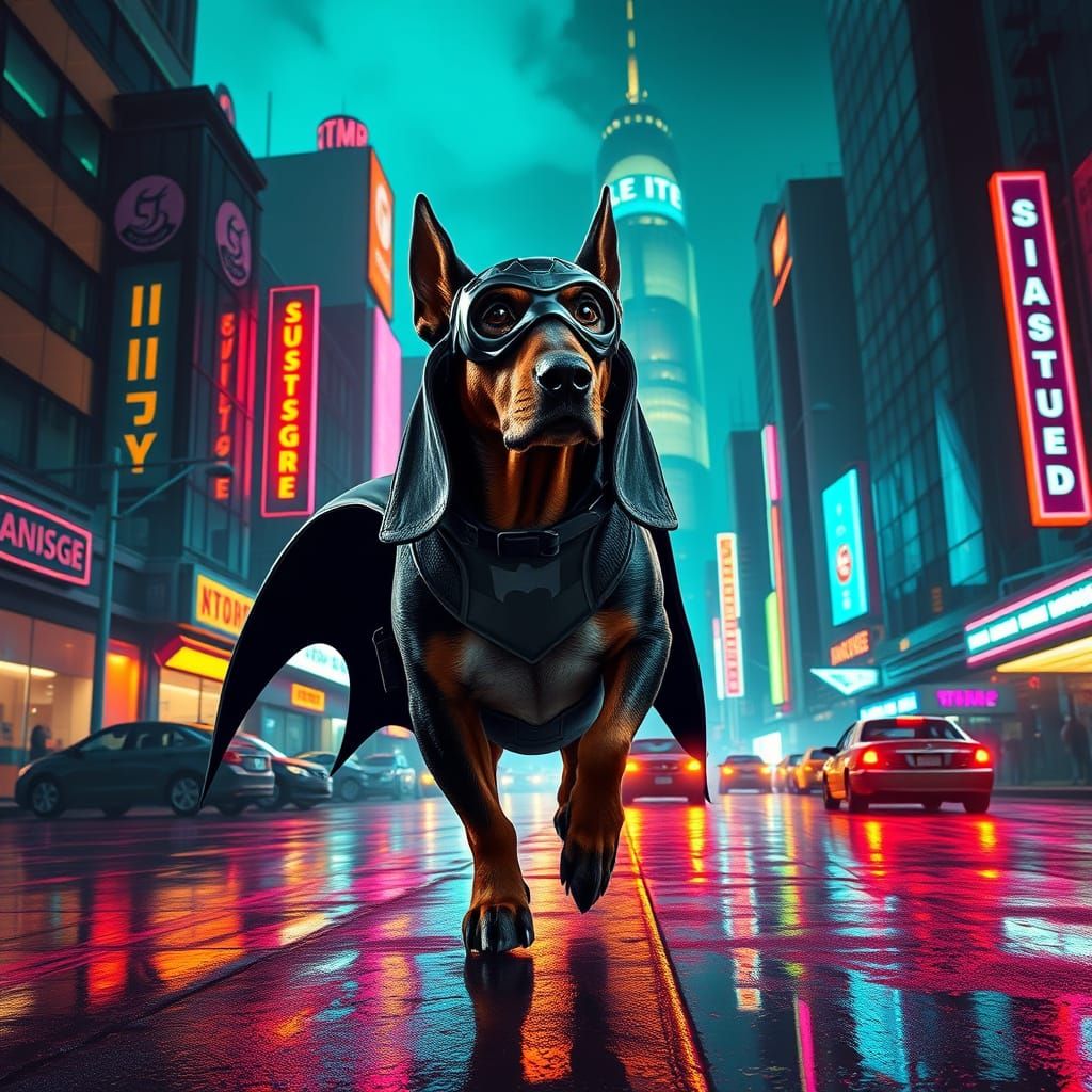 Bat-Bassetthound Patrols Cyberpunk Sausage City at Night